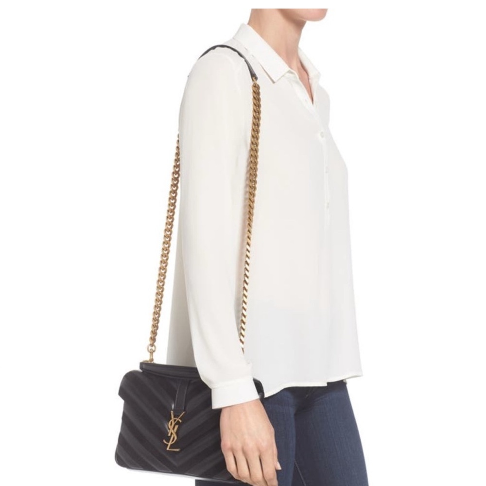 Yves Saint Laurent College Bag Med Leather/Suede - Navy - w/gold